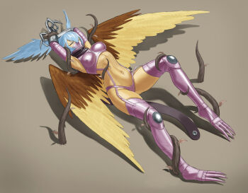 1girl absurdres armpits arms_up bikini black_scarf blue_hair bound bound_wrists breasts claws closed_eyes commentary_request commission covered_erect_nipples digimon digimon_(creature) feathered_wings full_body garter_straps gauntlets gloves hair_between_eyes highres kazukida leaf long_hair mask medium_breasts mouth_mask navel pixiv_commission plant purple_bikini purple_footwear purple_gloves restrained ryona scarf shadow shoulder_pads shutumon sidelocks simple_background skindentation solo stomach sweat swimsuit thigh_gap vine_bondage vines wings
