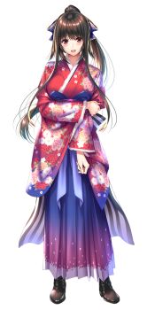 1girl amakano_2 arm_under_breasts black_shoes blush breasts brown_hair floral_print floral_print_kimono full_body high_ponytail japanese_clothes kimono kurohime_yuuhi large_breasts large_variant_set long_hair long_sidelocks looking_at_viewer official_art open_mouth piromizu ponytail print_kimono red_eyes shoes sidelocks simple_background smile solo standing tachi-e variant_set white_background