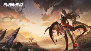 1girl bad_link black_horns blurry blurry_foreground breasts cloud copyright_name dragon_horns dragon_tail dragon_wings fiery_tail fire flower flower_wreath from_behind grave highres horns long_hair mechanical_arms mechanical_legs mechanical_tail medium_breasts mountain official_art outdoors punishing:_gray_raven rock sign sky solo standing star_(sky) starry_sky sun sunset tail veronica:_aegis_(pgr) veronica_(pgr) wavy_hair white_flower wide_shot wings