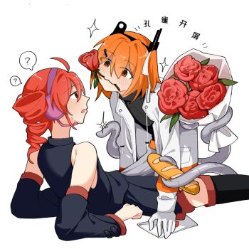 2girls ? a.i._voice adachi_rei baguette between_legs black_shirt black_skirt blush bouquet bread commentary_request detached_sleeves drill_hair flower flower_in_mouth food gloves holding holding_bouquet jacket kasane_teto multiple_girls open_mouth orange_eyes orange_hair pleated_skirt prehensile_tail red_eyes red_flower red_hair red_rose rose shirt simple_background skirt sleeveless sleeveless_shirt sparkle spoken_question_mark tail translation_request twin_drills utau white_background white_gloves white_jacket yi_xing_luren yuri