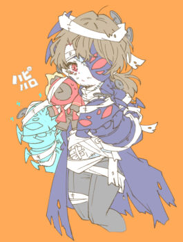 Rule 34 | 1boy, 1other, absurdres, aedd (e.g.o), alternate costume, arthropod limbs, artificial eye, bandage over one eye, bandaged arm, bandaged head, bandaged leg, bandaged stomach, bandages, beard stubble, belt, black fire, black gloves, black pants, black shoes, blue coat, blue horns, brown hair, bug, bug arm, character doll, chibi, clock, closed mouth, coat, collared shirt, cowboy shot, cropped legs, dante (limbus company), doll, e.g.o (project moon), extra eyes, facial hair, fire, formal clothes, glasses, gloves, gregor (project moon), hair between eyes, hair intakes, halloween, halloween costume, highres, holding, holding chibi, horns, lapels, lily26983455, limbus company, long coat, long hair, long sleeves, looking at viewer, loose bandages, low ponytail, male focus, mechanical eye, nail (hardware), nails, necktie, no shirt, notched lapels, object head, official alternate costume, one eye covered, open clothes, open coat, orange background, pants, parted bangs, patch, patchwork skin, ponytail, project moon, red coat, red eyes, red necktie, semi-rimless eyewear, shirt, shirtless male, shock centipede (project moon), shoes, simple background, sleeves rolled up, solo, stitches, stubble, sweatdrop, torn clothes, torn coat, trick or treat, under-rim eyewear, yellow fire, zombie