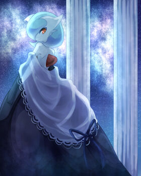 Rule 34 | 1other, alternate color, androgynous, annoyed, arm warmers, bare back, bare shoulders, black arm warmers, black dress, blue hair, blue ribbon, bob cut, commentary request, detached sleeves, dress, facing away, gardevoir, gen 3 pokemon, gown, looking back, mega gardevoir, mega pokemon, night, nintendo, off-shoulder dress, off shoulder, outdoors, pillar, pokemon, pokemon (creature), pokemon focus, red eyes, ribbon, shinonome kia, shiny pokemon, skirt, slit pupils, star (sky), turning head, white skirt