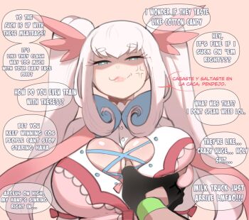 1boy 1girl anger_vein blue_eyes borrowed_character breasts claire_(kinkymation) cleavage cleavage_cutout clothing_cutout deep_skin english_text false_smile grabbing_another&#039;s_breast groping half-closed_eyes head_wings hetero high_collar highres huge_breasts instant_loss jitome looking_at_viewer nintendo nyantcha original pale_skin pokemon pov pov_hands profanity shaded_face short_eyebrows smile spanish_text speech_bubble translated twintails white_hair wings