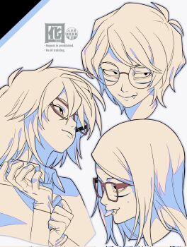 1boy adjusting_clothes adjusting_gloves aged_up extra_eyes fang fang_out glasses gloves highres long_hair male_focus multiple_views otori_0 pimple portrait randal&#039;s_friends randal_ivory round_eyewear short_hair spot_color white_background