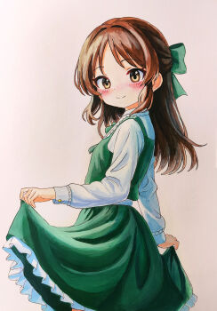 1girl absurdres blush brown_eyes brown_hair closed_mouth clothes_lift commentary_request dress green_dress hair_ribbon highres holding idolmaster idolmaster_cinderella_girls loli looking_at_viewer medium_hair ribbon simple_background skirt skirt_lift smile solmyr2000 solo tachibana_arisu