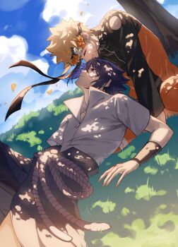 2boys absurdres black_sleeves blonde_hair blue_hair closed_eyes facial_mark hair_between_eyes haruiro_(hrm_ino) head_wreath highres jacket jumpsuit looking_at_another male_focus multiple_boys naruto_(series) naruto_shippuuden orange_jacket orange_jumpsuit orange_pants outdoors pants parted_lips popped_collar rope_belt shirt short_hair short_sleeves smile spiked_hair tree uchiha_sasuke under_tree uzumaki_naruto whisker_markings white_shirt yaoi