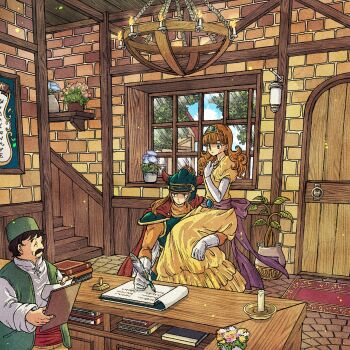 1girl 2boys armor back_bow black_hair bodysuit bow brick_wall cape carrying carrying_person commentary_request counter curly_hair day door dragon_quest dragon_quest_i dress elbow_gloves fake_horns gloves green_hat hat helmet hero_(dq1) highres holding holding_quill horned_helmet horns indoors inn long_hair multiple_boys orange_bodysuit orange_hair princess princess_laura purple_sash quill red_cape sash shirt short_hair shoulder_armor tiara toriga white_gloves white_shirt window wooden_stairs writing yellow_dress