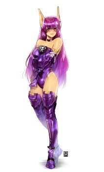 1girl absurdres bare_shoulders black_choker blush boots choker commentary commission elbow_gloves english_commentary ericmartindood fingerless_gloves full_body gloves highleg highleg_leotard highres latex latex_gloves latex_leotard latex_thighhighs leotard long_hair long_pointy_ears moon nei phantasy_star phantasy_star_ii pointy_ears purple_hair purple_thighhighs red_eyes signature simple_background solo strapless strapless_leotard thigh_boots thighhighs white_background