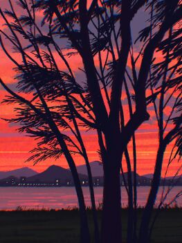 branch building city_lights cityscape fangpeii grass highres mountain rbg scenery sky sunset tree water