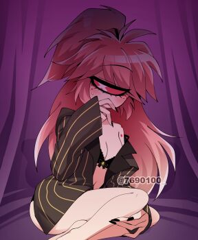 1girl antenna_hair bare_legs barefoot black_bra black_nails black_panties black_shirt blush body_freckles bra breasts cherri_bomb cleavage colored_sclera commentary_request covered_mouth curtains cyclops feet_out_of_frame fewer_digits fingernails freckles frilled_bra frills hair_tie hazbin_hotel hellaverse high_ponytail highres jacket long_fingernails long_hair long_sleeves looking_at_viewer menattou multicolored_jacket one-eyed open_clothes open_jacket open_shirt panties pillow pink_hair pinstripe_pattern pinstripe_shirt ponytail purple_background red_sclera shirt shoulder_freckles simple_background single_bare_shoulder sitting sleeves_past_wrists solo strapless strapless_bra sweatdrop swept_bangs twitter_username two-tone_jacket underwear very_long_hair white_eyes yokozuwari