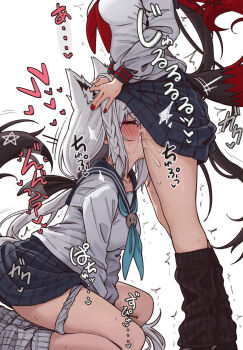 2girls animal_ears black_skirt black_socks blue_necktie blush braid breasts closed_eyes commentary cunnilingus fox_ears fox_girl fox_tail head_out_of_frame highres hololive kurokami_fubuki loose_socks medium_breasts multiple_girls nail_polish necktie oral pentagram pussy_juice school_uniform shirakami_fubuki shiroi_yoru simple_background single_braid skirt socks tail virtual_youtuber white_background yuri