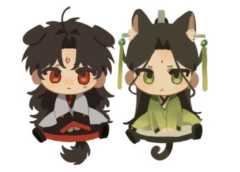 2boys :< ahoge animal_ear_fluff animal_ears bindi black_hair black_hanfu black_shoes cat_boy cat_ears cat_tail chibi chibi_only chinese_clothes closed_mouth curtained_hair dog_boy dog_ears dog_tail frown green_eyes green_hanfu half_updo hands_on_lap hanfu hashtag-only_commentary long_hair long_sleeves looking_at_viewer luo_binghe male_focus mdzs_ry multiple_boys parted_bangs raised_eyebrows red_eyes renzha_fanpai_zijiu_xitong ribboned_xiao_guan robe shen_qingqiu shoes simple_background sitting tail teardrop very_long_hair white_background white_robe wolf_cut zuiyin