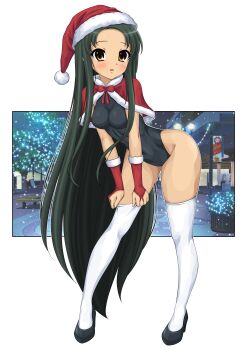 1girl absurdres alternate_costume bent_over black_leotard black_shoes breasts capelet commentary_request covered_navel full_body green_hair gurobeya hat highleg highleg_leotard highres leotard long_hair medium_breasts night red_capelet red_hat santa_costume santa_hat shoes solo standing suzumiya_haruhi_no_yuuutsu thighhighs tsuruya very_long_hair white_thighhighs