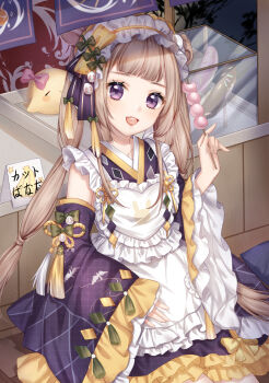 1girl animal apron baby_animal bare_shoulders bird blunt_bangs bow brown_hair chick chinese_commentary commentary_request cowboy_shot cup_(13636466299) dango detached_sleeves dot_nose dress eyelashes flower_knot food food_stand frilled_apron frilled_dress frilled_hairband frills gifty_(nikki) hair_bow hair_ornament hairband happy highres holding holding_food japanese_clothes kimono kimono_dress light_blush lipstick long_hair long_sleeves looking_at_viewer maid makeup miracle_nikki multi-tied_hair nikki_(series) open_mouth purple_bow purple_eyes purple_kimono purple_sleeves red_lips ribbon short_dress sign sitting sleeve_ribbon sleeveless sleeveless_kimono smile solo striped_bow tareme tassel tassel_hair_ornament teeth twintails upper_teeth_only very_long_hair wa_maid wagashi white_apron wide_sleeves yatai_waitress_(miracle_nikki) yellow_bow yellow_hairband yellow_ribbon