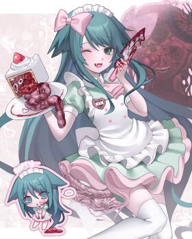 1girl alternate_costume apron ascot blood bloody_knife buttons cake candy_gore chibi chibi_inset double-breasted dress enmaided fang food frilled_dress frills green_dress green_eyes green_hair guro hair_flaps hexenmesser highres holding holding_plate intestines knife long_hair looking_at_viewer maid maid_apron maid_headdress one_eye_closed pink_ascot plate saya_(saya_no_uta) saya_no_uta solo white_apron