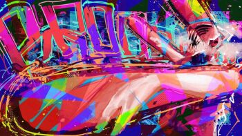 1boy alternate_form chainsaw chainsaw_man colorful denji_(chainsaw_man) male_focus novuuuuuuuuuuuu open_mouth sharp_teeth solo teeth