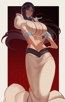 1girl 50x48x48 artist_name black_hair bleach bleach:_sennen_kessen-hen blood blood_on_face braid braided_ponytail breasts cleavage cleavage_cutout clothing_cutout cosplay detached_sleeves female_focus inoue_orihime inoue_orihime_(cosplay) long_hair midriff navel open_mouth puffy_sleeves simple_background stomach unohana_retsu