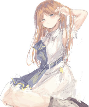 1girl absurdres bang_dream! bang_dream!_it&#039;s_mygo!!!!! belt blue_belt blue_eyes blush brown_hair closed_mouth commentary detached_sleeves dress earrings hand_in_own_hair highres jewelry latte_bf long_hair looking_at_viewer nagasaki_soyo simple_background sitting solo white_background white_dress