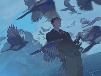 1boy black_jacket black_necktie black_pants blue_eyes blue_sky cloud flock glowing glowing_eyes hand_in_pocket hand_on_hilt highres jacket katana looking_to_the_side male_focus mori_hisato necktie ocean original pants shirt sky sword weapon white_shirt