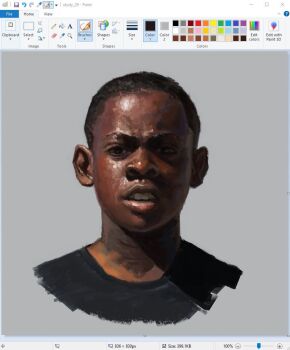 1boy art_program_in_frame art_study black_hair black_shirt christian_young commentary dark-skinned_male dark_skin english_commentary grey_background looking_at_viewer male_focus microsoft_paint_(medium) microsoft_paint_(software) narrowed_eyes open_mouth original painterly portrait screencap shirt short_hair simple_background solo