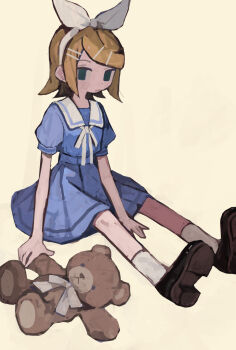 1girl blonde_hair blue_dress brown_shoes dress highres kagamine_rin looking_at_viewer s1ho_(ukiy0u0) sailor_collar shoes short_dress short_hair simple_background sitting socks solo stuffed_animal stuffed_toy teddy_bear vocaloid white_socks