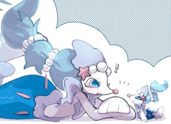 ! 1girl :o bad_tag blue_eyes blue_hair blush character_doll colored_eyelashes doll fang furry furry_female gem gen_7_pokemon hair_ornament long_hair looking_at_object lying mermaid monster_girl multi-tied_hair nintendo on_stomach open_mouth pearl_(gemstone) pearl_hair_ornament pokemon pokemon_(creature) primarina sea_lion simple_background skin_fang snout solo sstoh starfish_hair_ornament upper_body white_background