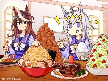 Rule 34 | 2girls, ahoge, blue eyes, blush, bowl, brown hair, chopsticks, closed mouth, commentary request, eating, food, grey hair, hair between eyes, hair ornament, hamburger steak, multiple girls, oguri cap (umamusume), rice bowl, school uniform, sweat, symboli rudolf (umamusume), table, tracen school uniform, umamusume, umamusume: cinderella gray, window