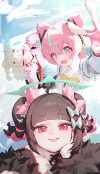 2bmm2 3girls absurdres angels_of_delusion aqua_hair aqua_streaks aria_(zenless_zone_zero) arm_up arm_warmers bandaid bandaid_hair_ornament bird black_hair black_skirt blue_eyes bow center_frills closed_eyes collarbone colored_inner_hair commentary_request crossed_bangs crosshair_pupils detached_collar detached_sleeves dress falling_feathers feathers fingerless_gloves fingernails frills fur-trimmed_skirt fur-trimmed_sleeves fur_trim gloves green_bow green_hair green_halo grin hair_between_eyes hair_bow hair_intakes hair_ornament halo hand_on_own_face hands_on_own_cheeks hands_on_own_face head_tilt heart heart_hair_ornament highres leaning_to_the_side looking_at_viewer multicolored_hair multiple_girls multiple_hair_bows multiple_hair_clips nangong_yu necktie open_mouth pink_arm_warmers pink_bag pink_bow pink_gloves pink_hair ponytail red_hair red_nails red_necktie shirt short_twintails skirt smile striped_arm_warmers sunna_(zenless_zone_zero) tongue tongue_out twintails white_bird white_dress white_shirt zenless_zone_zero