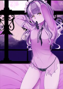 1girl absurdres arms_up bang_dream! barefoot bed black_panties breasts commentary headdress highres kneeling long_hair medium_breasts mouth_hold multicolored_hair navel nyubara_reona panties ribbon ribbon_in_mouth ryo_yanakasa see-through_clothes see-through_shirt shirt solo two-tone_hair underwear variant_set yellow_eyes