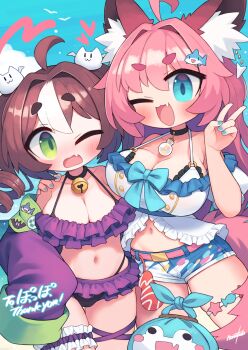 2girls :d ahoge animal_ears bell blue_eyes breasts brown_hair cleavage commentary_request commission fang green_eyes highres large_breasts multiple_girls nanatsuta navel neck_bell one_eye_closed open_mouth original short_shorts shorts skeb_commission smile thick_eyebrows v