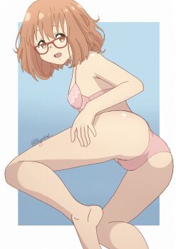 1girl absurdres ass bra breasts glasses highres kuriyama_mirai kyoto_animation kyoukai_no_kanata lilymirai lingerie looking_at_viewer low_angle panties pink_hair pink_panties skirt small_breasts starrylily thighs underwear