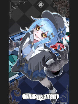 1girl asymmetrical_legwear bird_hat_ornament black_capelet black_hat black_pantyhose black_sclera black_shoes blue_hair blue_necktie blue_skirt braid capelet colored_extremities colored_sclera deerstalker detective fingernails hat highres looking_at_viewer magical_girl mahou_shoujo_no_majo_saiban mononobe_nekuro necktie open_mouth pantyhose plaid_clothes plaid_skirt sharp_fingernails shoes short_hair single_leg_pantyhose skirt smile solo spoilers symbol-shaped_pupils tachibana_sherry tarot torn_clothes witch_(manosaba)