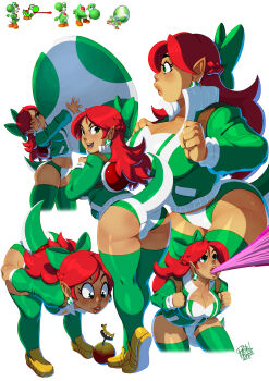 1girl arms_up ass backpack bag bent_over bow bra braid breasts buruma carrying cleavage collared_jacket creature_and_personification cropped_legs earrings egg egg_earrings french_braid full_body green_bow green_eyes green_thighhighs hair_bow hands_up high_collar highres jacket jewelry large_breasts leaning_forward lips long_hair long_sleeves long_tongue looking_afar looking_at_another looking_at_object looking_at_viewer mario_(series) midriff_peek multiple_views navel nintendo one_eye_closed open_mouth oversized_object parted_lips partially_unzipped personification pointy_ears red_hair reference_sheet reference_work shoes signature simple_background smile standing stomach super_mario_world tan thick_thighs thighhighs thighs tongue tongue_out tovio_rogers turnaround underwear very_long_tongue white_background wiggler yellow_shoes yoshi zipper