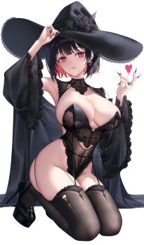 1girl :3 arm_up bare_shoulders black_flower black_hair black_nails black_rose black_shoes black_thighhighs breasts cleavage closed_mouth colored_inner_hair commentary ear_piercing earrings flower groin hand_on_own_hat hand_up hat hat_flower heart high_heels highleg highleg_leotard highres jewelry kneeling lace_leotard large_breasts leotard looking_at_viewer mhru mole mole_under_each_eye mole_under_eye multicolored_hair multiple_moles nail_polish original paid_reward_available piercing pink_eyes pink_hair rose serina_(mhru) shoes short_hair simple_background smile solo strapless strapless_leotard thighhighs thighs very_long_fingernails white_background witch witch_hat
