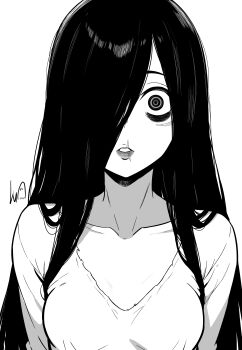 1girl absurdres bags_under_eyes breasts collarbone commentary english_commentary greyscale hair_over_one_eye highres long_hair lughost monochrome parted_lips ringed_eyes scar scar_on_face scar_on_mouth signature small_breasts solo the_ring upper_body yamamura_sadako