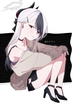 1girl black_bow black_choker black_dress black_hair black_horns black_shoes blue_archive blush bow breasts bright_pupils brown_cardigan cardigan character_name choker cleavage collarbone commentary demon_girl demon_horns dress earclip earrings full_body grey_halo hair_behind_ear hair_bow hair_ornament hairclip half_updo halo high_heels highres horns hugging_own_legs jewelry kayoko_(blue_archive) kayoko_(dress)_(blue_archive) kisaka knees_up legs long_hair looking_at_viewer mole mole_on_collarbone multicolored_hair no_socks official_alternate_costume official_alternate_hairstyle open_cardigan open_clothes parted_lips red_eyes shoes short_dress simple_background sitting sleeveless sleeveless_dress sleeves_past_wrists small_breasts solo symbol-only_commentary thighs translated two-tone_hair white_background white_hair white_pupils