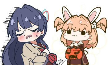 2girls :3 absurdres animal_ears blue_hair blush brown_cardigan brown_dress cardigan chibi chibi_only closed_eyes closed_mouth clothes_grab commentary dress fake_animal_ears ghost_hair_ornament hair_intakes half_updo halloween_bucket hasu_no_sora_school_uniform highres hinoshita_kaho holding link!_like!_love_live! long_hair long_sleeves love_live! medium_dress medium_hair multiple_girls murano_sayaka neckerchief neckwear_grab oofushi_ao open_cardigan open_clothes open_mouth orange_hair peanut_mouth pleated_dress rabbit_ears red_neckerchief sailor_collar sailor_dress school_uniform signature simple_background smile solid_circle_eyes trick-or-treating u_u v-shaped_eyebrows virtual_youtuber white_background white_sailor_collar winter_uniform
