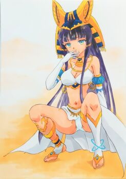 1girl absurdres animal_ears anklet ashigaki_radar asymmetrical_legwear black_hair blue_eyes breasts cat_ears cat_girl choker cleavage cleavage_cutout clothing_cutout collarbone egyptian gloves hair_tubes headdress highres jewelry kneehighs long_hair looking_at_viewer medium_breasts midriff moeoh_ex navel panties parted_lips pharaoh ramesses_ii shirt showgirl_skirt skirt sleeveless sleeveless_shirt socks spread_legs squatting teeth toeless_legwear underwear usekh_collar white_gloves white_panties white_shirt white_skirt white_socks yellow_background