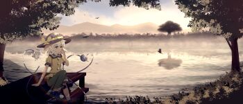 1girl absurdres bird black_boots black_hat boots bow buttons collared_shirt commentary_request diamond_button dise_(psychoro)_(style) eyeball feet_out_of_frame frilled_shirt_collar frilled_skirt frilled_sleeves frills green_eyes green_hair green_skirt grey_hair hat hat_bow heart heart_of_string highres koishi_day komeiji_koishi lake nature outdoors puffy_short_sleeves puffy_sleeves scenery shirt short_hair short_sleeves sitting skirt standing sunset third_eye touhou tree wavy_hair wrainman yellow_bow yellow_shirt