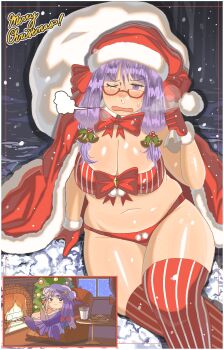 Rule 34 | 1girl, alternate costume, arm support, blush, breasts, chzzei, cleavage, commentary, english commentary, glasses, gloves, hat, highres, holding, holding sack, large breasts, long hair, looking at viewer, merry christmas, navel, one eye closed, open mouth, patchouli knowledge, purple eyes, purple hair, red-framed eyewear, red gloves, red hat, sack, santa hat, semi-rimless eyewear, shiny skin, sitting, snow, snowing, solo, sweatdrop, thick thighs, thighs, touhou, under-rim eyewear