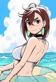 1girl :| ahoge ayase_momo bare_back bikini black_choker blue_sky blush bob_cut breasts brown_hair choker closed_mouth cloud commentary crossed_bangs cumulonimbus_cloud dandadan day earrings embarrassed eyelashes from_behind from_side hair_between_eyes halterneck highres horizon hunwari innertube jewelry long_bangs looking_at_viewer looking_back looking_to_the_side medium_breasts nervous_sweating nose_blush ocean outdoors pendant_earring red_eyes short_hair shoulder_blades sketch sky solo striped_innertube sweat sweatdrop swim_ring swimsuit thick_eyebrows transparent_innertube v-shaped_eyebrows water wavy_mouth white_bikini