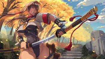 1girl abs black_sailor_collar breasts brown_hair commentary_request crop_top fingerless_gloves glasses gloves grin highleg highleg_leotard highres holding holding_sword holding_weapon katana large_breasts leotard long_hair muscular muscular_female ogami orange_eyes original partially_fingerless_gloves round_eyewear sailor_collar sailor_shirt sheath shirt single_glove smile solo stairs sword tree unsheathing weapon