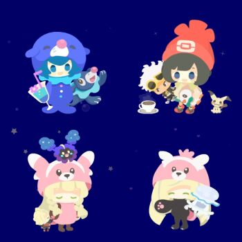 2boys 4girls animated animated_png bewear bewear_(cosplay) blonde_hair bubble chibi chibi_only closed_eyes coffee cosmog cosplay drink gen_7_pokemon gladion_(pokemon) guzma_(pokemon) heart lana_(pokemon) legendary_pokemon lillie_(pokemon) lusamine_(pokemon) mimikyu mother_and_daughter multiple_boys multiple_girls nihilego nintendo pokemon pokemon_sm popplio popplio_(cosplay) rizu_(rizunm) rowlet selene_(pokemon) stufful stufful_(cosplay) ultra_beast waving_arms