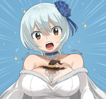 1boy 1girl bare_shoulders between_breasts breasts brown_hair choker cleavage collarbone colorized elefseria fairy_tail gaston18 grey_hair hair_ornament highres large_breasts open_mouth yukino_agria