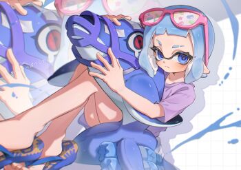 Rule 34 | 1girl, blue eyes, blue hair, blue pupils, blue sandals, chu u0spl, closed mouth, eyebrow cut, eyelashes, eyewear on head, frown, highres, ink, inkling, inkling girl, inkling player character, looking at viewer, medium hair, nintendo, paint, pink-framed eyewear, pointy ears, purple shirt, reefslider (splatoon), sandals, shirt, solo, splatoon (series), splatoon 3, stuffed animal, stuffed shark, stuffed toy, sunglasses, t-shirt, tentacle hair, v-shaped eyebrows, zoom layer