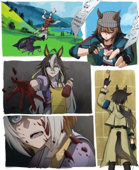 6+girls animal_ears beanie black_hair blue_eyes brown_hair brown_hat char's_counterattack dice dice_necklace dream_journey_(umamusume) dress fenomeno_(umamusume) glasses gold_ship_(umamusume) grey_hat gundam gundam_suisei_no_majo gundam_tekketsu_no_orphans gundam_wing hair_between_eyes hat highres himo_(user_rzgz5877) horse_ears horse_girl horse_tail jewelry ketchup ketchup_bottle lake long_hair long_sleeves lying multicolored_hair multiple_girls nakayama_festa_(umamusume) necklace on_stomach orfevre_(umamusume) parody pillbox_hat red_dress scene_reference school_uniform smile stay_gold_(umamusume) stay_gold_clan_(umamusume) streaked_hair tail tracen_school_uniform translation_request umamusume white_hair