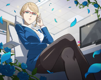 1girl absurdres adjusting_eyewear black_clover black_clover_m:_rise_of_the_wizard_king blonde_hair blue_eyes blue_flower blue_jacket blue_petals blue_rose blue_skirt braid brown_pantyhose chair charlotte_roselei crossed_legs flower glasses highres indoors jacket looking_at_viewer miniskirt monitor non-web_source office office_chair official_alternate_costume official_art pantyhose parted_lips plant rose side_braid sitting skirt solo swivel_chair thorns vines