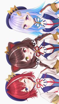 3girls :3 :d absurdres ange_katrina animal_ears animal_hair_ornament beret blue_eyes blue_hair blue_hat blue_ribbon blush braid brown_hair closed_mouth colored_inner_hair commentary_request contrast_lapels crossed_bangs crown_hat_ornament dog_ears dog_girl fangs group_picture hair_between_eyes hair_ornament hat heterochromia highres inui_toko jacket lapels lize_helesta long_hair looking_at_viewer low_twin_braids medium_hair multicolored_hair multiple_girls neck_ribbon nijisanji one_eye_closed open_mouth purple_eyes red_eyes red_hair red_ribbon ribbon sanbaka_(nijisanji) sanbaka_anniversary_outfit short_sleeves sideways simple_background single_hair_intake smile streaked_hair triangle_hair_ornament twin_braids two-tone_hair virtual_youtuber white_background white_hair white_jacket yellow_eyes yuyu_sugar