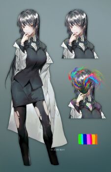 1girl :q artist_name artist_self-insert black_eyes black_footwear black_hair black_jacket black_pantyhose black_skirt boots breasts reference_sheet chinese_commentary closed_mouth coat_partially_removed collared_jacket collared_shirt color_guide commentary_request covered_face cropped_torso eyelashes full_body grey_background hand_on_own_chin highres jacket lab_coat lapels large_breasts long_hair miniskirt multicolored_eyes multiple_views notched_lapels original pantyhose pencil_skirt rainbow rainbow_eyes shirt simple_background skirt smile standing tight_clothes tongue tongue_out torn_clothes torn_pantyhose very_long_hair white_shirt yichen_wendy