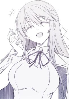 +++ 1girl :d ^_^ breasts chess_piece closed_eyes code_geass collared_shirt counter:side facing_viewer fingernails greyscale hair_between_eyes hair_ribbon hand_up head_tilt highres holding holding_chess_piece jacket jacket_on_shoulders large_breasts long_fingernails long_hair mixed-language_commentary moka_(mochafree) monochrome neck_ribbon open_mouth queen_(chess) ribbon shin_jia shirt single_sidelock sketch smile solo straight_hair teeth upper_body upper_teeth_only white_background wrist_cuffs